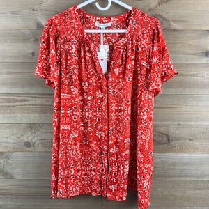 Rose + Olive Womens Shirt Short Flutter Sleeve Button Up Floral Prairie Size 2X